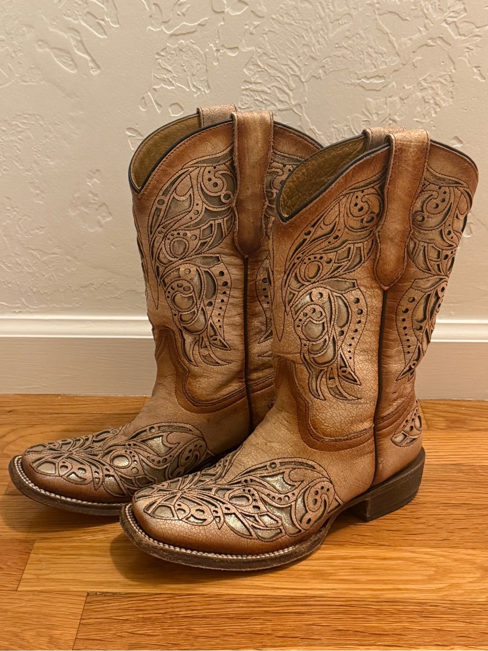 CORRAL Teen Brown Gold Western Leather Boots Country Cut Out 4 6 Square Toe